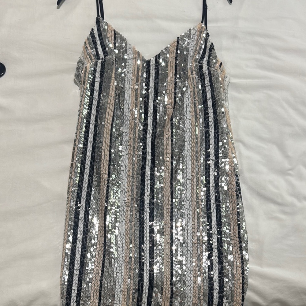 Lush Sequin Striped Dress - Silver, Black, Tan